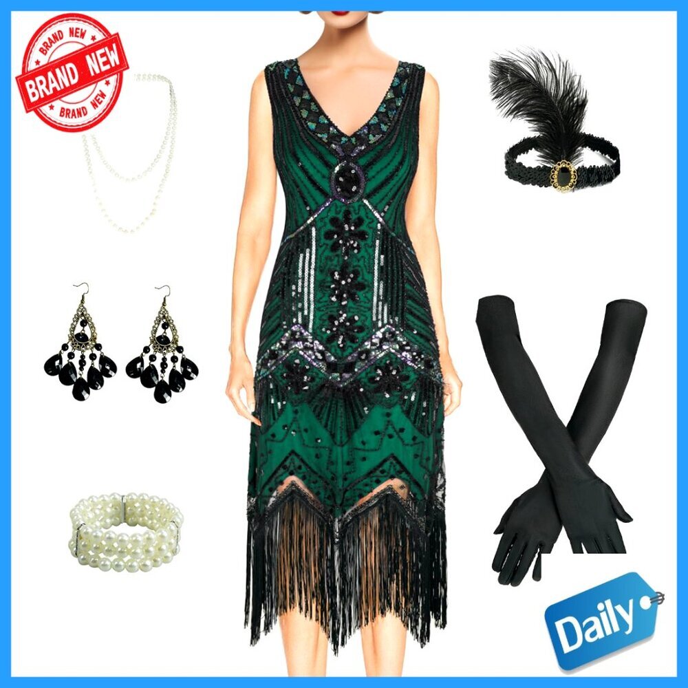 Vintage 1920s Flapper Dress Fringed Gatsby Cocktail Dress with Accessories Set